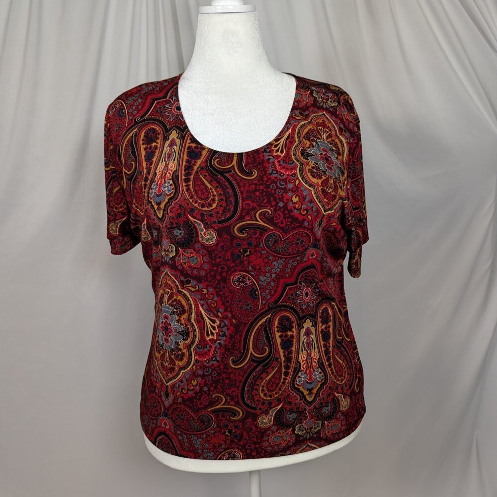 Red Tan Black Paisley Short Sleeve Top SUSAN LAWRENCE XL
